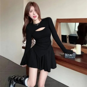 Women's Hollow Long Sleeve Top And Skirt Set Brown High Waisted Two Piece Casual Knitted Polyester Autumn 2025 Style - Product Image 3
