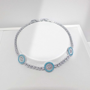 Bracelet personnalisé en argent sterling 925, forme de fleur, trèfle, pour femmes, été, pierre bleue, strass, chaîne à maillons. - Product Image 5