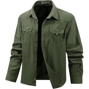 FOXA Men's Long Sleeve Cotton Work Shirt Casual Button <b>Down</b> Cargo Shirt for Hiking Camping Outdoor Use - Product Image 1