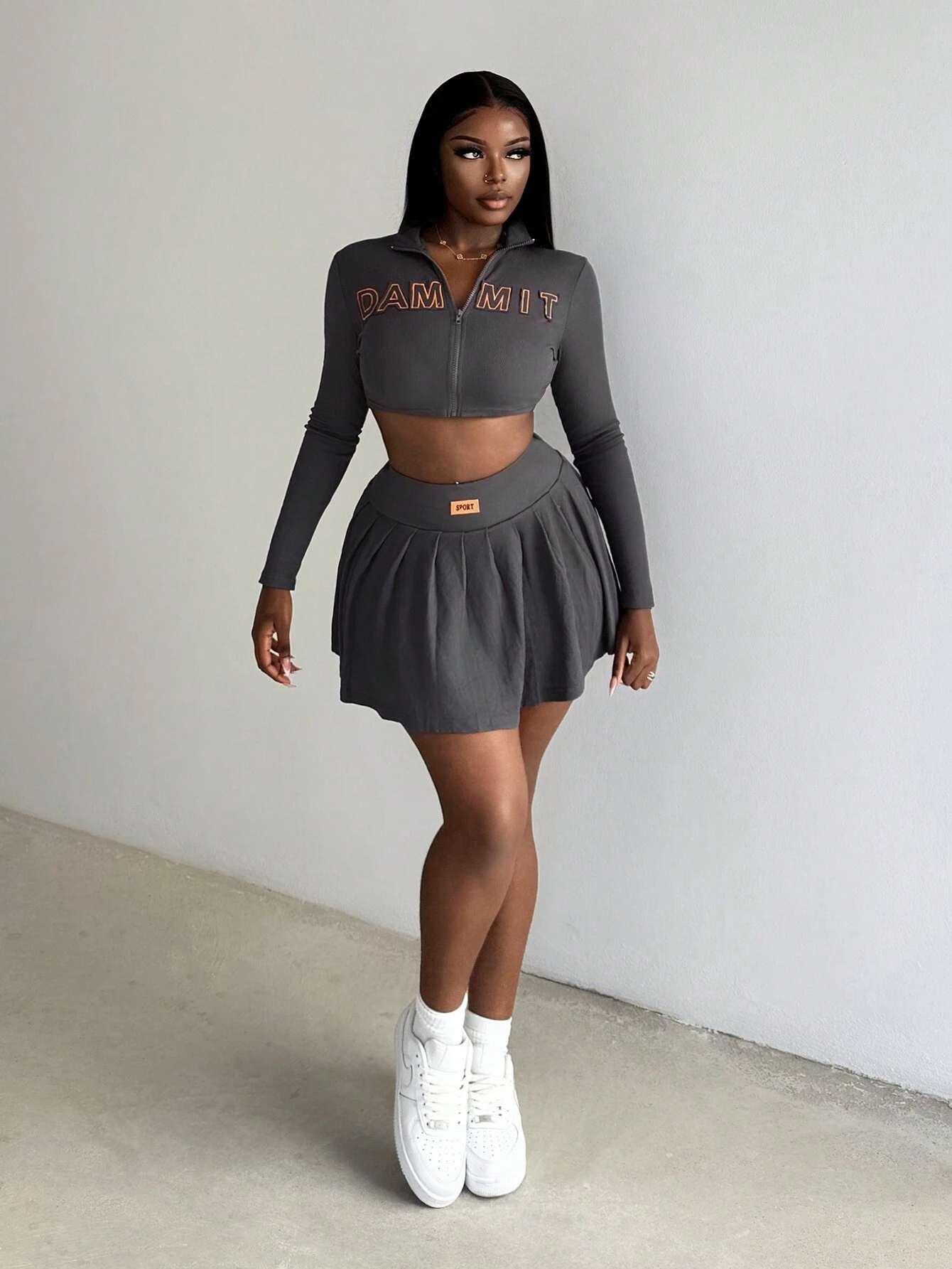 Custom Embroidered Patch Acid Wash Ribbed Knit Set Zip up Crop Jacket High Waist Pleated Skirt Sets Women 2 Piece Outfits · image 3