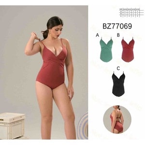 Costume da bagno intero HDJ Plus Size con controllo pancia, scollo a V profondo, rosso vino BZ77069 - Product Image 3