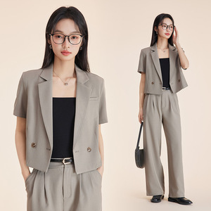 Navy Blue Short Blazer Women Summer Lightweight Breathable Solid Color Polyester Suit Set 2025 New Professional Style - Product Image 3