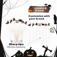 Piques décoratives jetables en bambou pour Halloween, 4,7 pouces, motifs citrouille, fantôme, araignée, chauve-souris, pour cocktails, boissons et plateaux de fruits