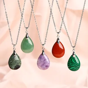 JD Natural Stone Aventurine Jasper Turquoises Quartz Crystal Sliver Plated Drop Shape Charms Necklace For Women Fashion Jewelry