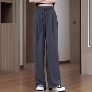 Women's Ice Silk Wide Leg Pants Black Grey Loose Fit Breathable Casual Pants Summer Style Floor Length - Product Image 1