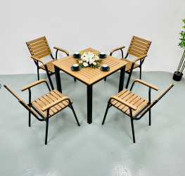 Modern <b>Aluminum</b> Frame Wood <b>Table</b> Set Slatted Chairs 4 Seater Commercial Outdoor Restaurant Furniture Durable Contemporary Design - Product Image 4