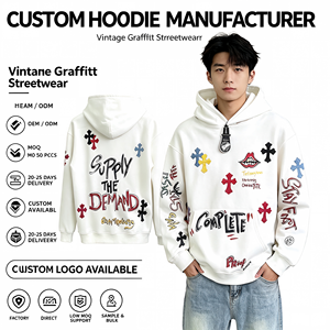 Sudadera con capucha de pana ligera de lujo, nueva colección primavera, con etiqueta de cuero cruzada, letras con grafiti, doble bolsillo y efecto salpicado de tinta, a la moda. - Product Image 1