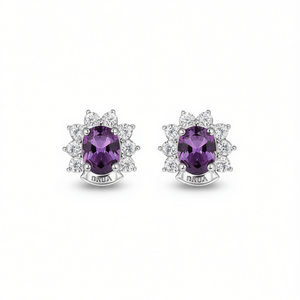 Pendientes Clásicos con Gemas Moradas, Plata 925, Corte Brillante, Acento de Diamante, Diseño de Flor con Engaste de Garras, para Uso Diario de Mujeres - Product Image 1