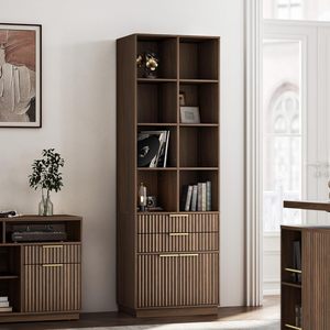 <span class=keywords><strong>Bibliothèque</strong></span> murale moderne en bois d'ingénierie, avec portes hautes cannelées, tiroirs et <span class=keywords><strong>étagère</strong></span> de rangement à 4 niveaux, écologique - Product Image 3