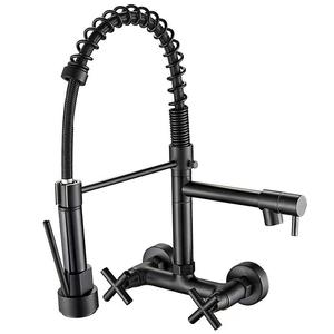 Vòi bếp gắn tường thiết kế cổ điển hiện đại, chất liệu đồng thau đánh bóng, hai tay cầm, vòi xịt kéo, tính năng thác nước, nước nóng lạnh - Product Image 4