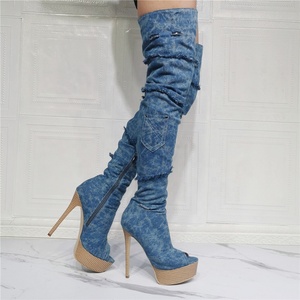 Bottes hautes à plateforme et talons hauts pour femmes, avec fermeture éclair, bout ouvert, en jean bleu, grande taille 47 - Product Image 3