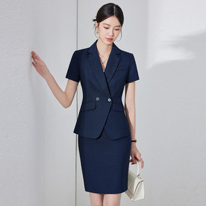 Women's Short Sleeve Suit Set Navy Blue <b>Wool</b> Blend Anti-Wrinkle Office Lady Summer Workwear Professional Formal Wear - Product Image 1