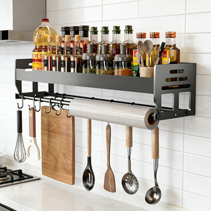 Étagère murale en acier au carbone <span class=keywords><strong>pour</strong></span> <span class=keywords><strong>ustensiles</strong></span> <span class=keywords><strong>de</strong></span> <span class=keywords><strong>cuisine</strong></span>, épices et condiments, support <span class=keywords><strong>de</strong></span> rangement <span class=keywords><strong>pour</strong></span> huile, sel, sauces, vinaigre avec crochets - Product Image 1
