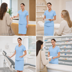 Conjunto de falda médica OEM para mujer con cuello en V, cintura elástica con cordón, uniforme de enfermera para clínica <span class=keywords><strong>dental</strong></span>, farmacia y estética - Product Image 3