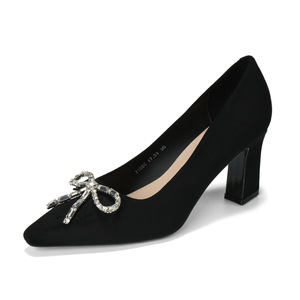 7188C-199 Suede Pumps Pointed Toe <b>Block</b> Heel With Bow Decoration <b>Rubber</b> Outsole Formal Comfort Shoes - Product Image 5