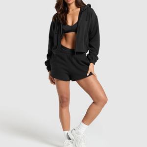 Ensemble de jogging personnalisé en laine avec fermeture éclair, imprimé, à manches longues, coupe oversize, décontracté, avec short et sweat à capuche, pour femme, 100% laine - Product Image 2