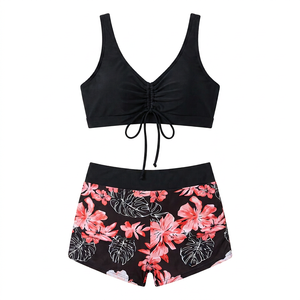 Women's 2-Piece Drawstring Bikini Set | Floral Print Swim Shorts & Top in Spandex - Product Image 1