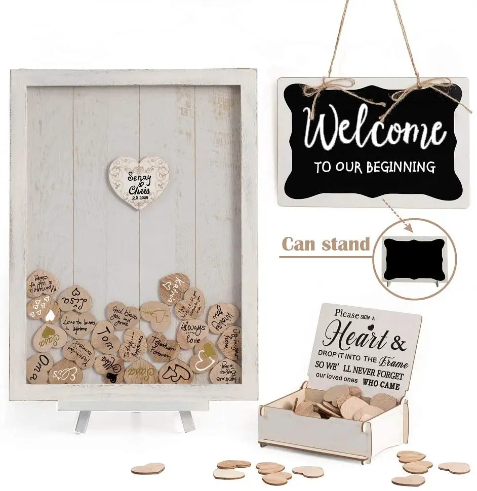 Drop Top Frame Sign Book Wedding Guest Book with 80pcs Wooden Hearts