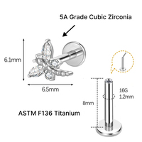 JiaXin ASTM-F136 Piercing Corporal de Titanio Sin Rosca con Parte Trasera Plana, Tipo Labret, Medusa, Concha, Lóbulo, Flor, Circonita Cúbica, 16G