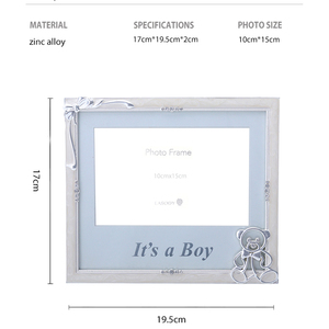 Cornice Portafoto Orizzontale in Lega di Zinco OEM con Fiocco Argentato, Orsacchiotto, Cristalli e Perline, Regalo in Metallo Crema e Blu - Product Image 2