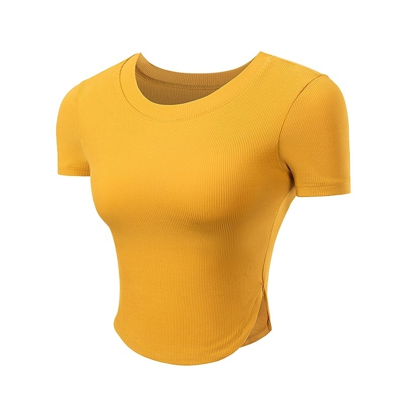 Internet Celebrity Women's Yoga Wear Quick-Drying Ribbed Slim Running T-Shirt Chest Pad Front Print Short-Sleeved Sports Top