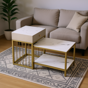 Juego de mesa de centro moderno de 2 piezas con cajón y estante, superficie de mármol blanco dorado, estructura metálica, muebles para sala de estar - Product Image 2