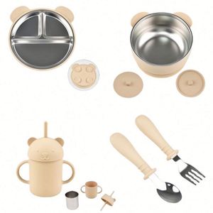 Juego de Vajilla Infantil de Acero Inoxidable 304, Cuchara, Tenedor, Vaso con Succión, Plato Dividido, Cubierta de Silicona Extraíble - Product Image 1