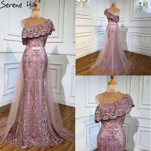 Gaun Malam Elegan Formal Warna Pink Model Mermaid dengan Payet Mutiara dan Renda Terbaru 2020, Satu Bahu, untuk Pesta <span class=keywords><strong>Prom</strong></span>, Lace Wasisi LA70386 - Product Image 2