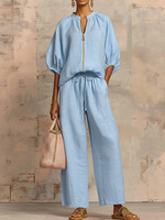 Conjunto de Dos Piezas para Mujer, Color Sólido, Estilo Casual, Holgado, Transpirable, con Top de Media Manga y Pantalones con Cordón, Ideal para Vacaciones