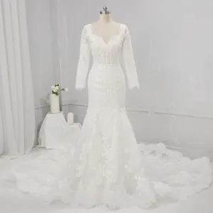 Ivory Square Neck Long Sleeve Mermaid Heavily Appliqued Lace Wedding Dress