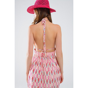 Robe d'été maxi avec imprimé plumes et dos ouvert en rose - Product Image 1