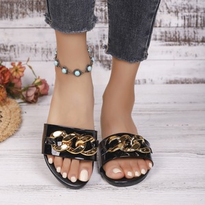 Sandalias con cadena metálica para mujer, tacón bajo, punta abierta, calzado para fiesta de verano - Product Image 1