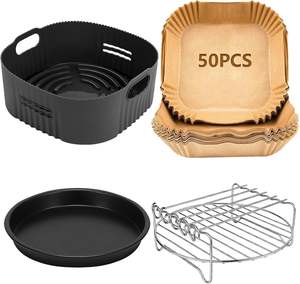 Offre Spéciale : Accessoires pour Friteuse à Air – Lot de 4 Moules Ronds en Silicone de 22 cm pour Friteuses à Air, Grille de Cuisson avec Papier de Cuisson - Product Image 1