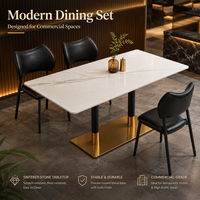 Ensemble de table à manger rectangulaire en pierre frittée moderne avec base dorée et chaises rembourrées noires, mobilier commercial pour hôtel et restaurant