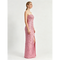 Robe de soirée formelle rose sans bretelles, en satin tissé, ornée de fleurs et de perles, à taille naturelle, longueur ras du sol pour femme