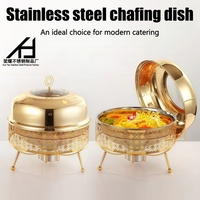 Matériel de restauration de luxe pour hôtels, ensemble de chauffe-plats rond en acier inoxydable doré de 8 L avec couvercle en verre suspendu