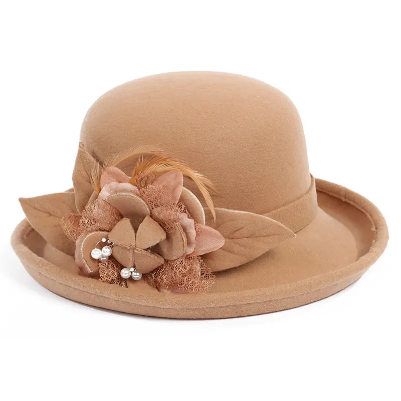 Cappello fedora in feltro di lana da donna personalizzato all'ingrosso di nuova moda con fiori