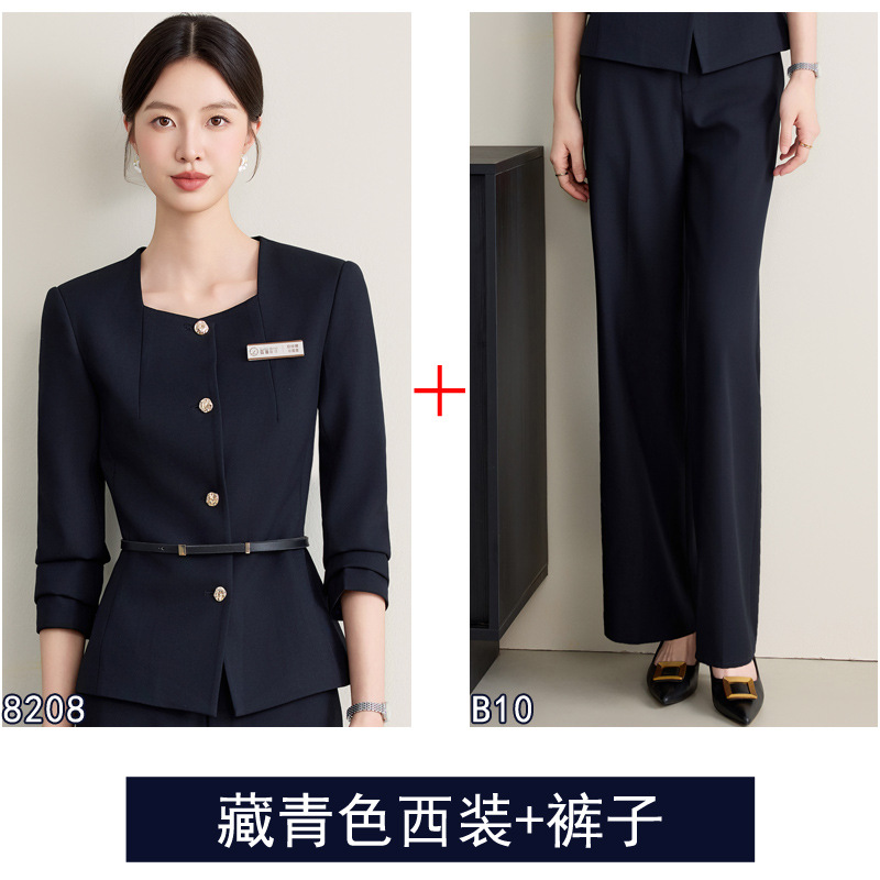 Navy blue suit wide-leg trousers belt