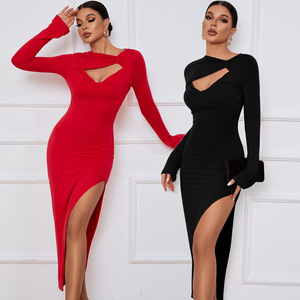 2026 Robe sexy pour femme, à nœud ajouré sur le devant, manches longues, amincissante, style transfrontalier, taille haute, jupe crayon, robe croisée élégante - Product Image 1