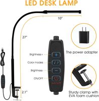 Lampe de bureau LED Voncerus à pince, protection oculaire, 3 modes, 10 niveaux de luminosité, bras flexible col de cygne en métal, intensité réglable, adaptateur USB, noir