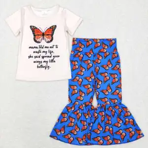 Vlinderprint Outfits Voor Baby Meisjes Boetiek Groothandel Populaire Kleding Peuters Kinderen Korte Mouwen Klokkenbroek Bloemen