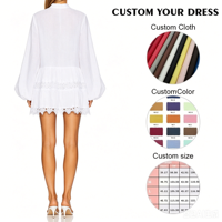 Robe Courte Femme Personnalisée OEM Blanche à Manches Lanterne, Col en V, Ourlet en Dentelle Plissé, Style Bohème Ample pour Vacances à la Plage et Tenue d'Été