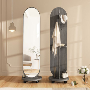Rotating Wood Hat Storage Rack with <strong>Large</strong> Size <strong>Mirror</strong> <strong>Freestanding</strong> Full Length Body <strong>Mirror</strong> Movable Dressing <strong>Mirror</strong> with Wheels - Product Image 1