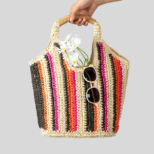 Bolso de mano de paja tejido a mano para mujer, estilo bohemio, informal, vibrante, con rayas verticales, de gran capacidad, para vacaciones de verano en la <span class=keywords><strong>playa</strong></span>. - Product Image 1