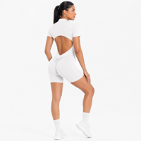 Combinaison de sport une pièce pour femme à manches courtes, dos nu, froncée, avec fermeture éclair sur le devant, pour le yoga, la course et le fitness