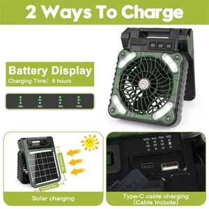 Ventilador Solar para Acampar al Aire Libre de 5200 mAh con Cargador de Teléfono Plegable, Lámpara de Pie, Banco de Energía, Carga Solar de Cuatro Velocidades para Acampar - Product Image 5