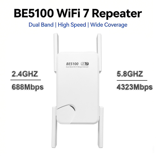BE5100 WiFi Extender 802.11BE Dual Band Wi-Fi Signal Booster 5100Mbps WiFi 7 Repeater with 4 External Antennas for Home