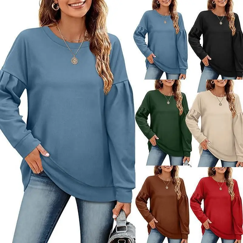Sweatshirt Atasan Wanita lengan panjang, baju sweter atasan perca leher bulat warna polos