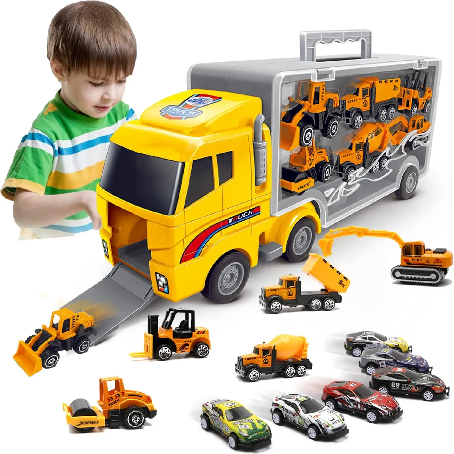 Toddler Truck Toy 13 in 1 Large Transport Cars Carrier Set Kids Truck with 12 Mini car Toy Cars Ideal Gift Toys for KidS