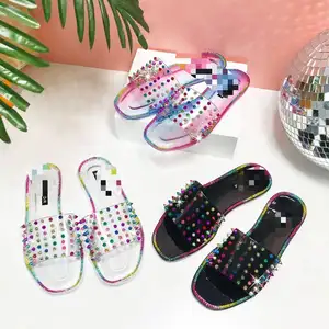 slip slippers summer beach transparent Suppliers-2021 ladies new arrivals transparent camouflage rivet pattern candy color slippers slip on outdoor beach slides sexy sandals